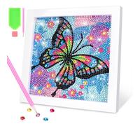 OWill Kit de Diamond Painting niño con marco, 5D DIY Kit para niños y nñas, Mariposa art cuadro de diamantes, principiante (15x15cm, azul)