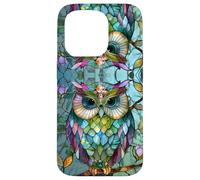 Owl Lover Stained Glass Effect Art Stain Glass Floral Carcasa para iPhone 15 Pro