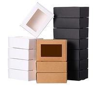 OWLEEN 30 mini cajas de papel kraft ventana caja de embalaje para dulces de jabón (negro, marrón, blanco)