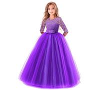 OwlFay Niñas Vestidos de Princesa Fiesta 3/4 Manga Tul de Encaje Vestido de Comunión Ceremonia Boda Dama de Honor Cóctel Prom para Chicas Morado Oscuro 5-6Años