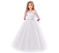 OwlFay Niñas Vestidos de Princesa Fiesta 3/4 Manga Tul de Encaje Vestido de Comunión Ceremonia Boda Dama de Honor Cóctel Prom para Chicas Blanco 7-8Años