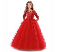 OwlFay Niñas Vestidos de Princesa Fiesta 3/4 Manga Tul de Encaje Vestido de Comunión Ceremonia Boda Dama de Honor Cóctel Prom para Chicas Rojo 13-14Años