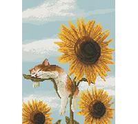 OWN4B Kit de punto de cruz estampado, girasoles y gatos, 11 quilates, 38 x 48 cm, kit de bordado (girasol)