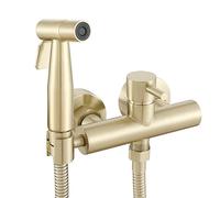 Ownace Juego de rociador mezclador de bidé de montaje en pared dorado cepillado para inodoro, ducha musulmana, grifo de bidé caliente y frío con kit de pulverizador Shattaf