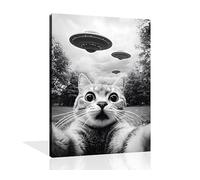 OWNANRTHM Divertido lienzo de gato para pared, arte de pared de gato blanco y negro, arte de pared de gato y ovni, arte de pared vintage de gato, pintura de baño, cuadros divertidos de gatos para sala