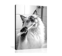 OWNANRTHM Lienzo decorativo para pared de baño con diseño de gato, divertido arte de pared para baño, cepillado de dientes, pintura de baño de animales en blanco y negro, imágenes para baño, póster