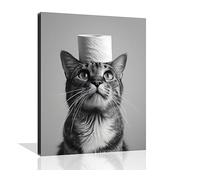 OWNANRTHM Lienzo decorativo para pared de baño con diseño de gato, divertido arte de pared para baño, papel higiénico, pintura en blanco y negro, imágenes para baño, decoración de pared enmarcada de