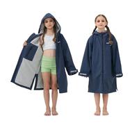 Owntop Bata cambiadora impermeable para adultos y niños, ligera y seca con forro de rizo cálido, abrigo de manga larga de murciélago de gran tamaño con capucha, para surf y natación, azul marino, XXS