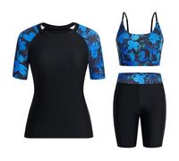 Owntop Camiseta de natación de 3 piezas para mujer, camiseta de natación UV UPF50+, camiseta de manga corta, parte superior de bikini y pantalones cortos de cintura alta, trajes de baño modestos