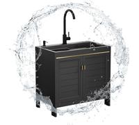 OWOHYG Fregadero de Acero Comercial de Color Negro con Grifo de Agua fría y Caliente y estantes para Uso en Exteriores, Interiores, restaurantes y garajes. Duradero y versátil, 65 x 45 x 80 cm.