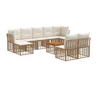 Owoxanthellate Juego de 10 sofás de jardín de polirratán natural | Conjunto de salón modular para patio y jardín con mesa de madera de acacia, cojines cómodos y posición flexible.