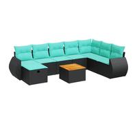 Owoxanthellate Juego de 9 sofás de jardín con cojín, color negro | Acogedor salón de ratán con práctico compartimento de almacenamiento y mesa de madera de acacia para jardín, terraza y patio.