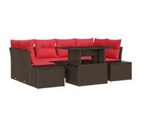 Owoxanthellate Juego de sofás de jardín de 7 piezas, polirratán, marrón | Conjunto de salón flexible con espacio de almacenamiento integrado y mesa ajustable para noches relajadas en el patio.