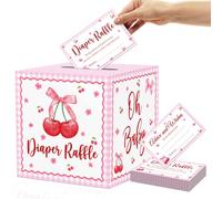 OWWOPATS 51 boletos de rifa de pañales de cereza con caja, decoración de baby shower de cereza con lazo rosa She's the Cherry on top caja de rifa de pañales para baby shower kit de juego