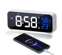 OWYELO Reloj Despertador Digital con Pantalla LED de Temperatura, Reloj Alarma Inteligente con 12/24 Horas, Cable USB, 5 Modos de Alarma Ajustables y 5 Brillo Ajustable, 18 Música, Blanco