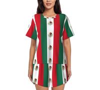OXbnmm Conjunto de pijama de manga corta para mujer, estampado de bandera de México, ligero, con bolsillos, para descansar, casa, playa, Negro, M