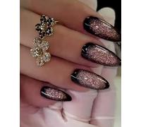 OXDOHUE 24 piezas Uñas postizas con purpurina morada estilo oscuro con pegamento, estilo gótico adecuado para citas y fiestas