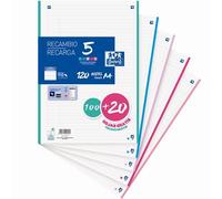 Oxford, hojas rayadas A4 perforadas, recambio achivador 1 linea, 120 hojas, 4 taladros, 5 bandas de colores pastel