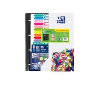 OXFORD Archivador 4 Anillas A4 con Recambio de Cuadricula 5x5 y 5 colores de bandas, Tapa Extradura, Incluye dos gomas elásticas, cuatro cartoneras, un soporte para bolígrafos y pegatinas