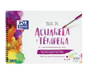 Oxford Bloc Acuarela y Témpera Escolar, Tapa Blanda/Contratapa rígida, Con Espiral, Color Morado, 10 Hojas de 300 gr Lisas, A4+