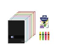 Oxford, Cuaderno A4, 8 Bandas de Color, 160 Hojas Microperforadas 5x5, Tapa Plástico en Negro, Incluye 4 Subrayadores Pelikan Colores Neón