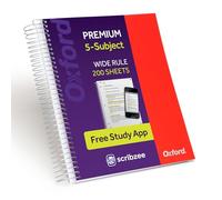 Oxford Cuaderno en espiral con aplicación de estudio gratuita, 5 temas, rayas anchas, papel ultra suave, no se traspasa la tinta, cubierta roja fuerte, 5 bolsillos duraderos de 2 lados, 200 hojas