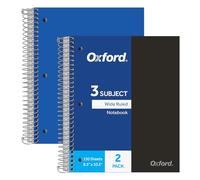 Oxford Cuadernos en espiral, 3 temas, papel rayado ancho, cubierta de plástico duradera, 150 hojas, 3 bolsillos divisores, 2 por paquete (10385)