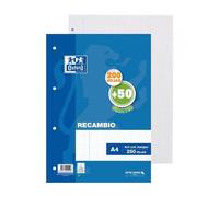 Oxford, hojas cuadriculadas a4 perforadas, recambio archivador, 200+50