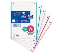 Oxford, hojas rayadas A4 perforadas, recambio achivador 1 linea, 120 hojas, 4 taladros, 5 bandas de colores pastel