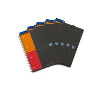 Oxford International - Cuaderno de espiral doble (5 unidades, con rayas, A4+, tapa de polipropileno, 90 g/m², incluye regla con plantilla para formas geométricas y separadores), color negro, amarillo y rojo