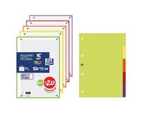 Oxford, Pack Recambio 5 5x5 Cuadriculado, 100+20 hojas, Separadores de plástico 5 posiciones, colores vivos