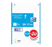 Oxford Recambio 5 Rojo 100+20 Hojas DIN-A4 4 taladros 90g Cuadros 5x5mm