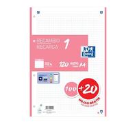 Oxford Recambio 5 Rosa Chicle 100+20 Hojas DIN-A4 4 taladros 90g Cuadros 5x5mm