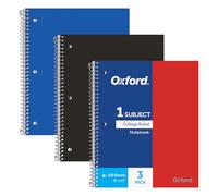 Oxford Tops Cuadernos en espiral, 1 materia, papel rayado universitario, cubierta de plástico duradero, 100 hojas, bolsillo divisor, 3 por paquete (10390), rojo, negro y azul