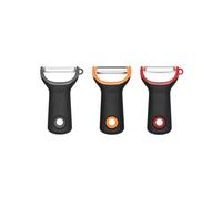 OXO Good Grips - Set de 3 peladores de patatas y verduras, pelador recto, dentado y en juliana, colores gris, naranja y rojo