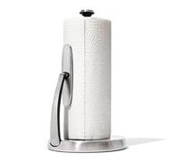 OXO Good Grips Soporte para papel higiénico SimplyTear | Desgarro con una mano, Base antideslizante y pesada, Brazo con resorte para recarga fácil, Acero inoxidable
