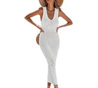 Oxtxuzdm Vestido de color sólido con cuello en V para mujer, vestido de punto ahuecado, sin mangas, con espalda descubierta, cintura alta, ropa de resort