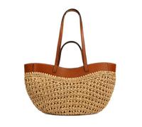Oxxggkao Bolso de mano tejido para viajes diarios con asas largas, bolso de mano con textura de paja y ribete estructurado, bolso de hombro para ir de compras con facilidad