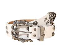 Oxxggkao Cinturón de piel sintética listo para exteriores, diseño tachonado, hebillas de aleación, 115 cm de largo, 3,7 cm de ancho, unisex, para uso activo, cinturón vintage para hombre, blanco