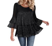 Oxxggkao Elegante camiseta para mujer con mangas 3/4 y dobladillo con volantes, una blusa perfecta para noche con mangas y ribete de encaje, perfecta para cócteles, Negro, L
