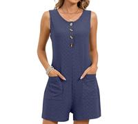 Oxxggkao Elegante mameluco para mujer con pantalones cortos unidos y botones superiores y amplios bolsillos, ideal para eventos sociales con bolsillos, azul marino, L