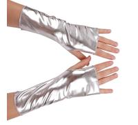 Oxxggkao Elegantes guantes sin dedos para mujer, de piel sintética, calentadores de brazos para Halloween, disfraz de baile y uso casual, color negro, guantes cortos de cuero sin dedos, plata, Talla