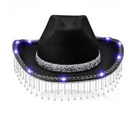 Oxxggkao Gorras de vaquera LED con flecos y diamantes de imitación brillantes, alas anchas, sombrero de vaquero para adolescentes, moda, discoteca, fiesta, foto para mujeres, Negro, Talla única