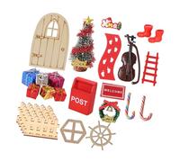 Oxxggkao Juego de decoración navideña de casas de muñecas a escala de 12 unidades, puerta de madera vintage, regalos de árbol pequeño, bastón de caramelo, letrero de bienvenida, accesorios festivos