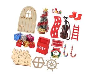 Oxxggkao Juego de decoración navideña de casas de muñecas a escala de 12 unidades, puerta de madera vintage, regalos de árbol pequeño, bastón de caramelo, letrero de bienvenida, accesorios festivos