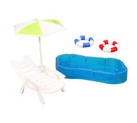Oxxggkao Juego de escena de playa en miniatura para casas de muñecas de 1/12, muebles de exhibición junto a la piscina, con silla de cubierta, parasol para niños, accesorios de casas de muñecas