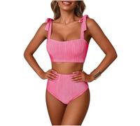 Oxxggkao Traje de baño tankini a rayas para mujer, conjunto de 2 piezas, cintura alta, atado al frente, diseño de playa, vacaciones, traje de baño para mujer con forro de cintura alta
