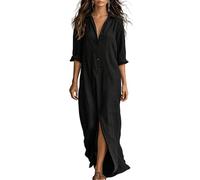 Oxxggkao Vestido de lino y algodón de color, vestido camisero con botones frontales, adecuado para vacaciones en la playa, se adapta perfectamente a los cambios de temperatura, Negro, L