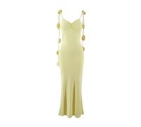 Oxxggkao Vestido largo entallado con cuello en V fruncido y tirantes con diseño único de espalda recortada y decoraciones florales 3D, amarillo, L