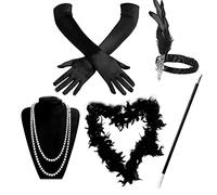 Oxxggkao Vintage 1920s Flapper - Accesorios de disfraz para mujer, diadema de plumas, collar, bufanda, guantes para fiesta de cóctel de los años 20, accesorios para el cabello, diadema, Negro, Talla